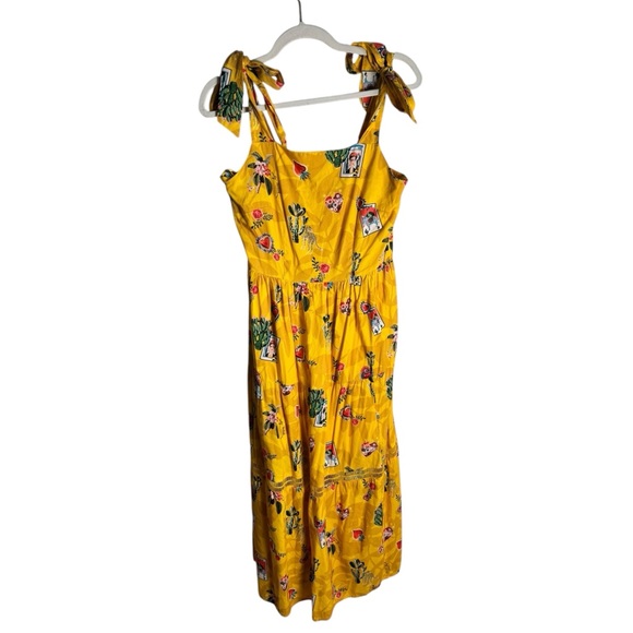 Emily Lovelock Yellow Mexico City Frida  Print Tie Shoulder Midi Dress XS - Picture 2 of 10